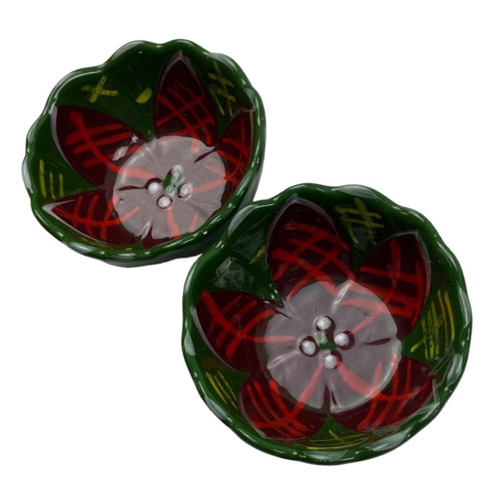 Vintage Christmas Poinsettia Set of 2 Ceramic Dessert Bowls w/ Scalloped Edges